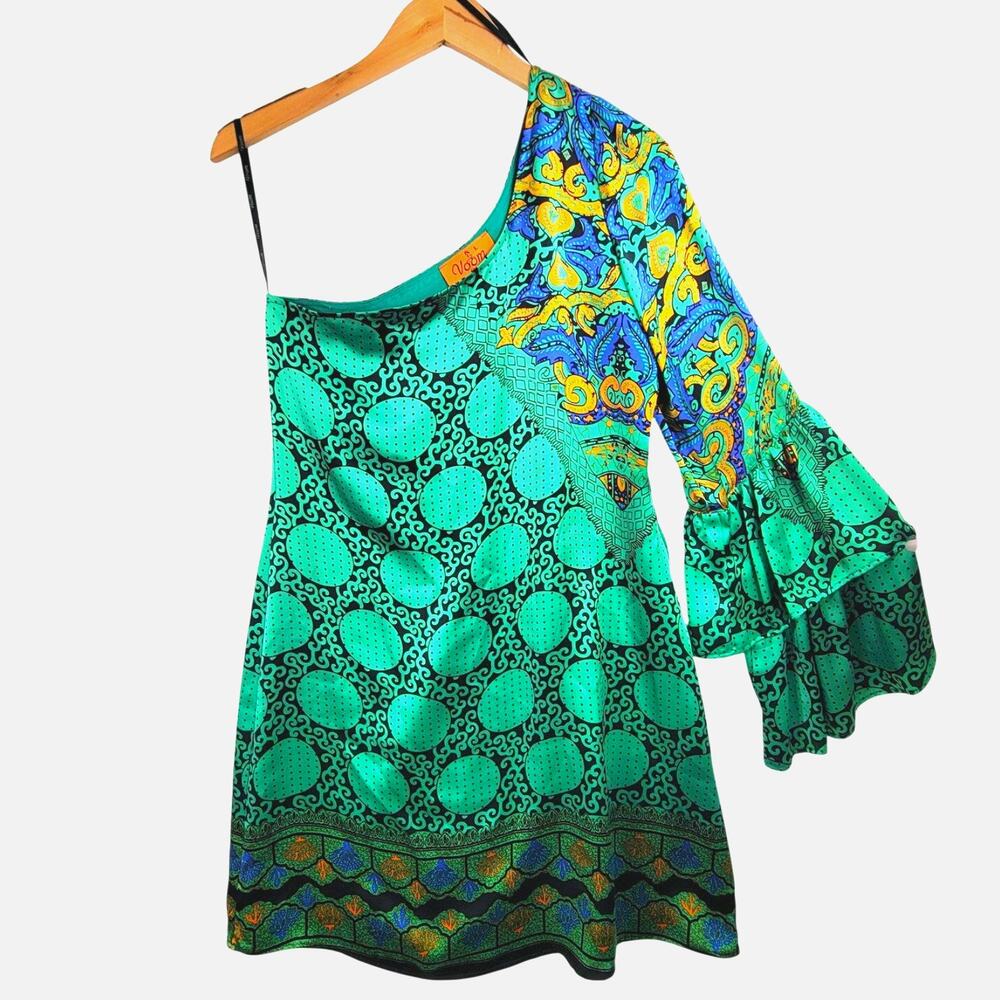 Voom By Joy Han Dress Womens Large Green Silk One Shoulder Ruffle Sleeve Mini - Picture 2 of 12
